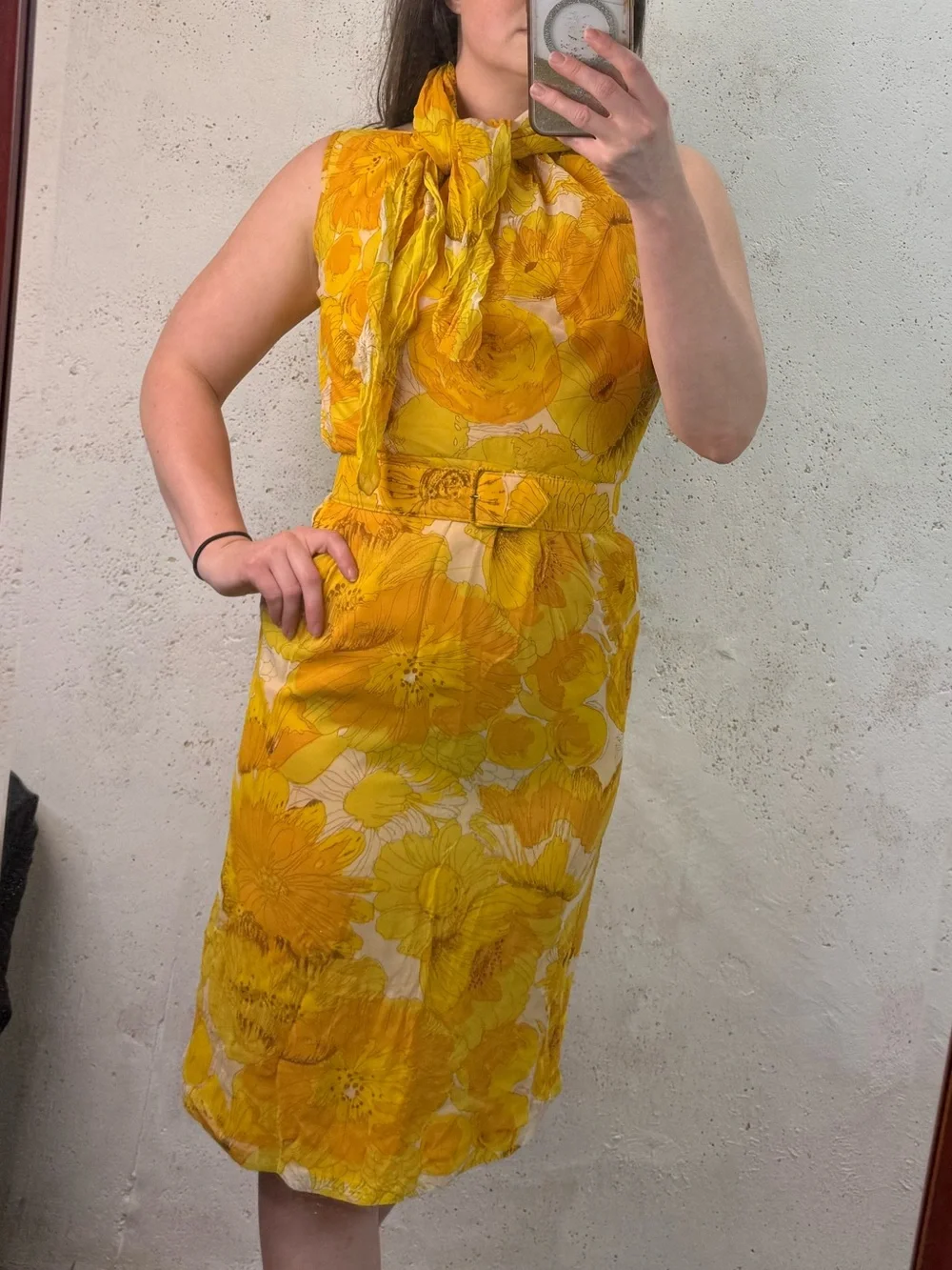 Vintage 50s 60s Sleeveless Yellow Floral Belted Dress with Scarf